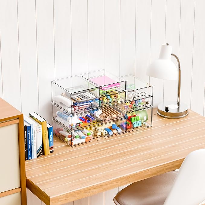 Yieach 8 Pack Clear Stackable Storage Drawers,Acrylic Drawer Organizer for Medicine,Palettes,Hair Accessories and Makeup Organizer,Plastic Drawers for Cabinet,Office,Desk,Bathroom Storage Containers