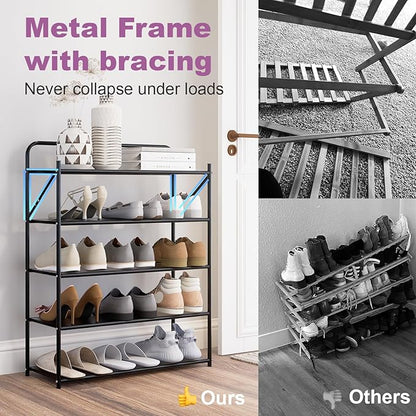 5 Tier No-Assembly Shoe Rack, Foldable Shoes Rack Organizer Without Installation, Portable Solid Metal Shoe Shelves for Closet, Entryway, Front Door Entrance