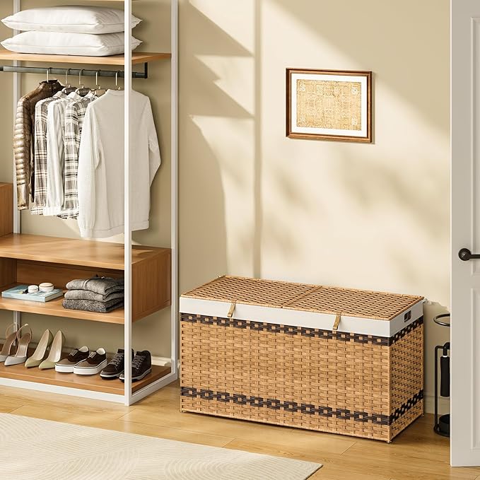 HOOBRO Storage Basket with Lid, 52.8 Gallon (200L) Wicker Storage Basket with 2 Separate Lid, Blanket Storage Bin with 2 Removable Liner Bags, for Bedroom, Laundry, Natural and Brown NL277CW01