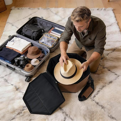 WERNNSAI Hat Storage Box for Cowboy & Wide BrimHats, OctagonalHat PU Leather Travel Case with Elastic Straps,Carry Handle Detachable Shoulder Strap,Dustproof, Travel & Home Closet Storage, Brown