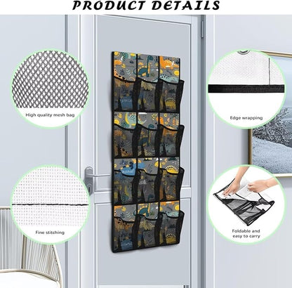 Multi-Pocket Over the Door Organizer, 12 Mesh Pockets Storage Hanging Bag Behind the Door for Shoes Toys and Cleaning Supplies, Fabric Door Organizer for Bedroom Bath, Dinosaur Print