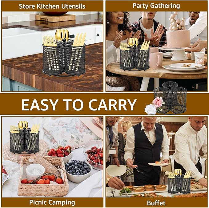 360° Rotating Metal Utensil Caddy, 3 Compartment Utensil Organizer Metal Flatware Caddy Kitchen Utensil Holder Practical Flatware Organizer Multifunctional Cutlery Storage Holder for Home (01)