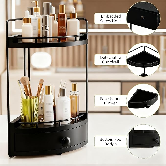 2-Tier Corner Bathroom Counter Organizer with Drawer & Embedded Screw Holes - Wooden Countertop Organizers for Skincare, Makeup Storage, Bathroom Sink Counter Shelf for Vanity, Kitchen, Black