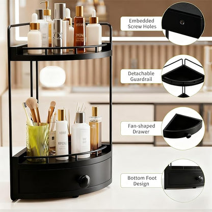 2-Tier Corner Bathroom Counter Organizer with Drawer & Embedded Screw Holes - Wooden Countertop Organizers for Skincare, Makeup Storage, Bathroom Sink Counter Shelf for Vanity, Kitchen, Black