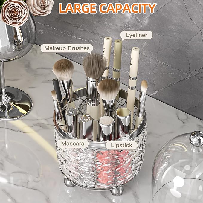 Makeup Brush Holder with Lid, 360° Rotating Cosmetic Tools Organizer with Cover, Dustproof Spinning Makeup Brush Organizer for Vanity, Ideal Gift for Girlfriend Wife Friends (Clear)