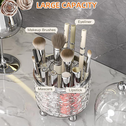 Makeup Brush Holder with Lid, 360° Rotating Cosmetic Tools Organizer with Cover, Dustproof Spinning Makeup Brush Organizer for Vanity, Ideal Gift for Girlfriend Wife Friends (Gray)