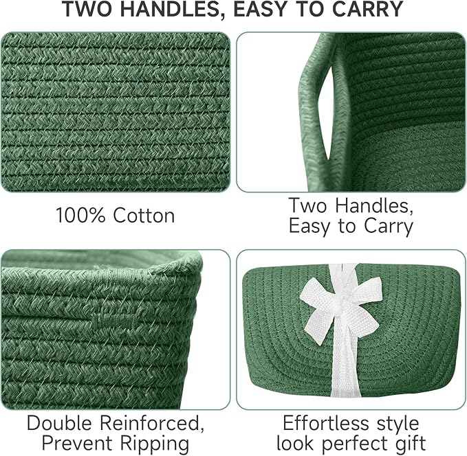 3-Pack Shelf Baskets for Organizing, Closet Organizer Bins, Small Woven Baskets, Rope Toy Basket, Storage Basket for Shelves, Cube Decorative Box, 11.8×7.8×5.1”, Green