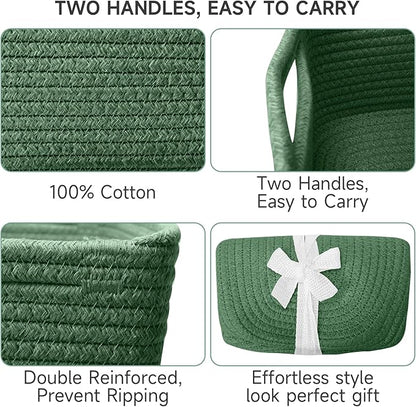 3-Pack Shelf Baskets for Organizing, Closet Organizer Bins, Small Woven Baskets, Rope Toy Basket, Storage Basket for Shelves, Cube Decorative Box, 11.8×7.8×5.1”, Green