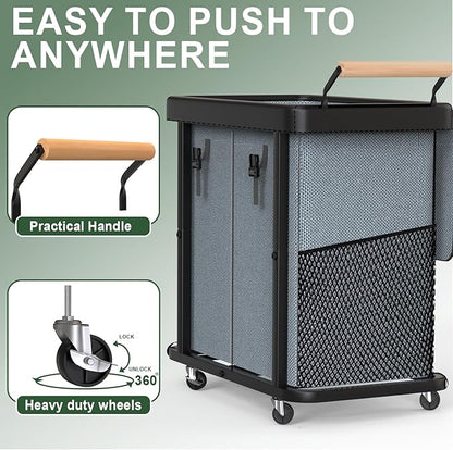 190L (50 Gal) Extra Large Fashion Laundry Hamper 2 Section with Lid, Rolling Laundry Basket Hamper with Handle, Laundry Organizer Storage Cart with Sturdy Metal Frame for Laundry Room,Hotel,Gray