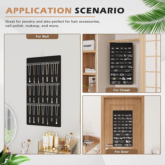 Hanging Jewelry Organizer Storage Roll, Double-Sided Necklaces Holder, 42 Pockets Plus 36 hooks Earrings Organizer Hang in Closet, On Wall, or Doors, Black
