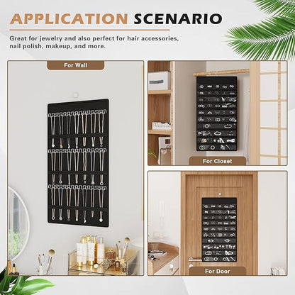 Hanging Jewelry Organizer Storage Roll, Double-Sided Necklaces Holder, 42 Pockets Plus 36 hooks Earrings Organizer Hang in Closet, On Wall, or Doors, Black
