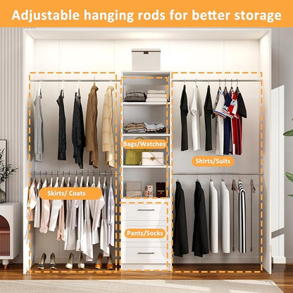 Closet System, 5FT-9FT Closet Organizer System with 4 Expandable Hanging Rods and Moveable Shelves, 115" Walk in Closet System with 3 Wooden Drawers, Custom Built in Closet, Wall Mount