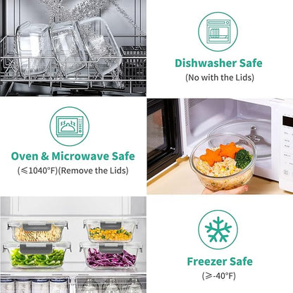 AMALEKO 34pc Glass Food Storage Containers with Lids Set, Airtight Glass Meal Prep Containers, Leak Proof Lunch Container BPA-Free, Microwave, Oven, Freezer, Dishwasher Safe-Gray