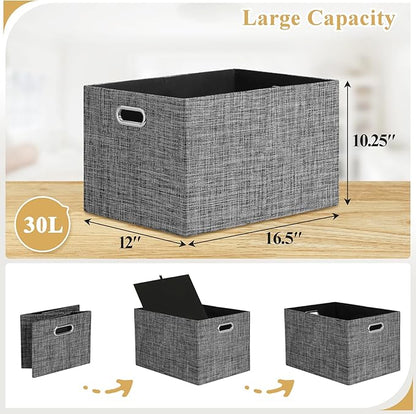 Posprica Closet Storage Bins, 4 Pack Large Closet Shelf Organizers, Linen Fabric Decorative Storage Baskets for Organizing, Foldable Storage Box for Clothes, Toy, 16.5x12x10.25 Inch (Black)