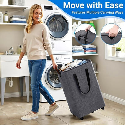 Laundry Basket with 5 Wheels, Tall Dirty Laundry Hamper, Rolling Laundry Basket with Lid, Large 90L Collapsible Clothes Hamper for Laundry Room Bedroom Bathroom Dorm, Light Gray