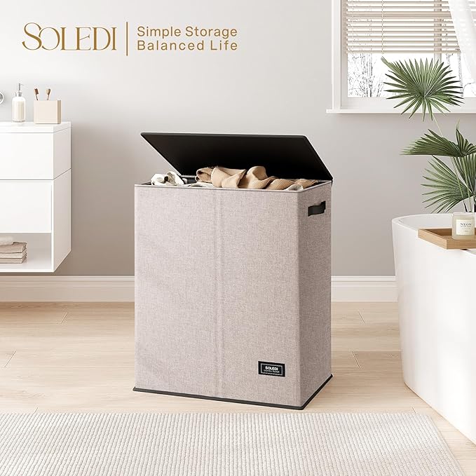 SOLEDI Large Double Laundry Hamper with Lid, Collapsible Clothes Hamper 2 section with Removable Bags, Space-Saving Laundry Basket for Bedroom, Dorm, College