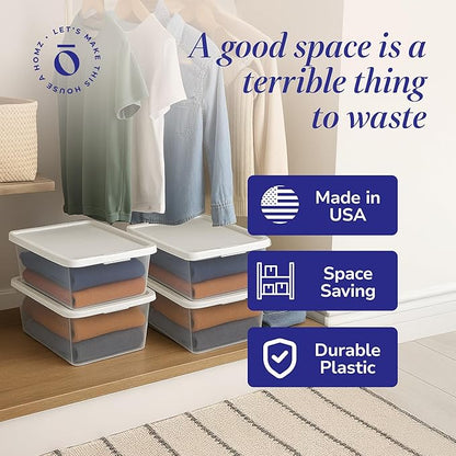 HOMZ 4-Pack Snaplock, Small Clear Plastic Storage Organizer Bins w/Lids, 12 Quart, White - Stackable Container Boxes for Bedroom, Bathroom, Garage, and Office Organization