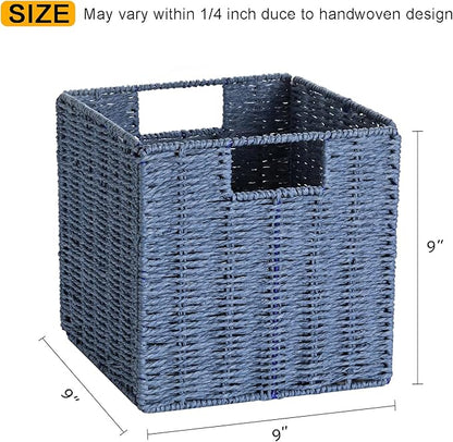 Vagusicc Wicker Basket, Set of 2 Hand-Woven Paper Rope Storage Baskets for Organizing, Foldable Cubby Storage Bins, 9 Inch Small Wicker Storage Basket, Square Baskets Cube Storage Organizer Bins, Blue