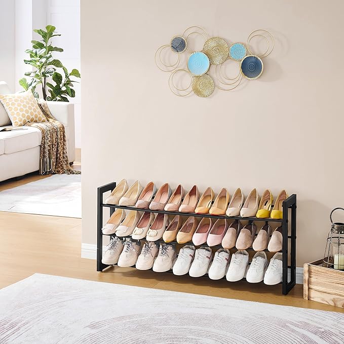 FAVOOSTY 3-Tier Expandable Shoe Rack, Adjustable Shoe Shelf Storage Organizer Space Saving Metal Free Standing Shoe Rack for Entryway Closet Doorway, Black