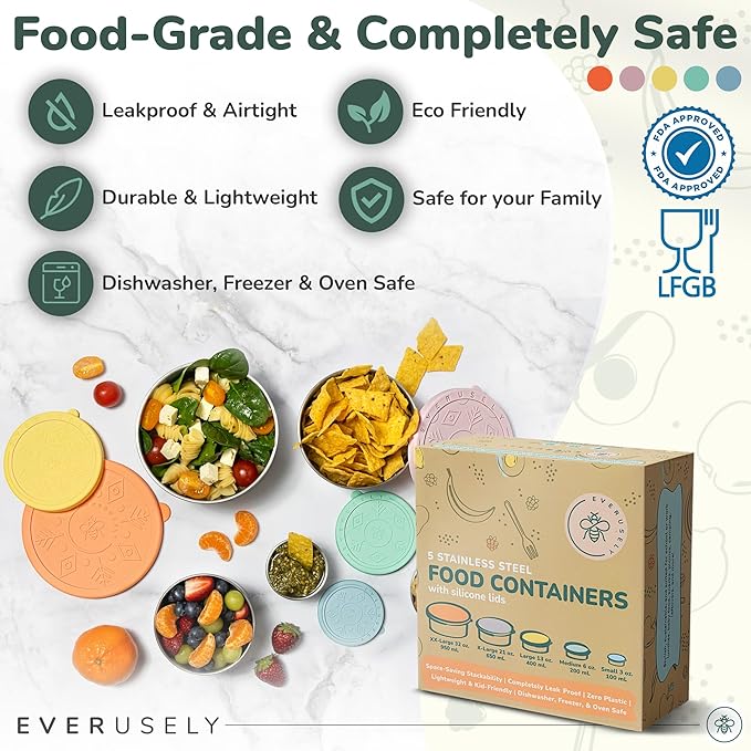 Everusely - Stainless Steel Containers with Lids - Set of 5, Bright Collection - Leakproof Stainless Steel Food Containers - Nesting Snack Holders - Metal Lunch Box - Portable & Reusable Meal Kit