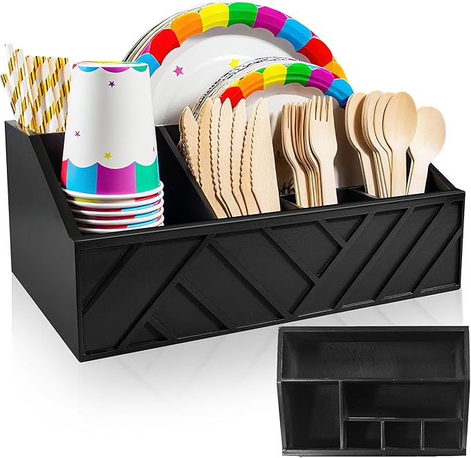 Paper Plate Dispenser with 6 Compartments – Wooden Utensil & Silverware Caddy Holder for Party, BBQ, Camping – Disposable Cutlery Organizer for Kitchen Countertop or Buffet Station, Black
