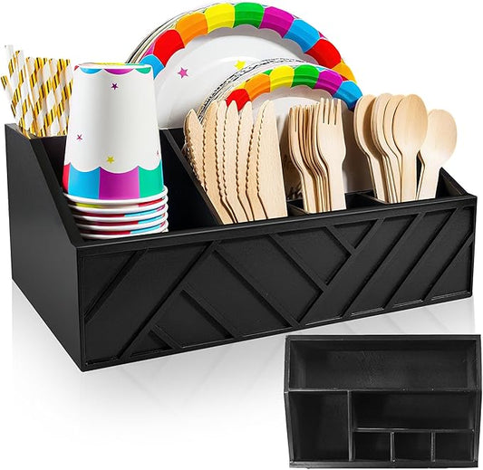 Paper Plate Dispenser with 6 Compartments – Wooden Utensil & Silverware Caddy Holder for Party, BBQ, Camping – Disposable Cutlery Organizer for Kitchen Countertop or Buffet Station, Black