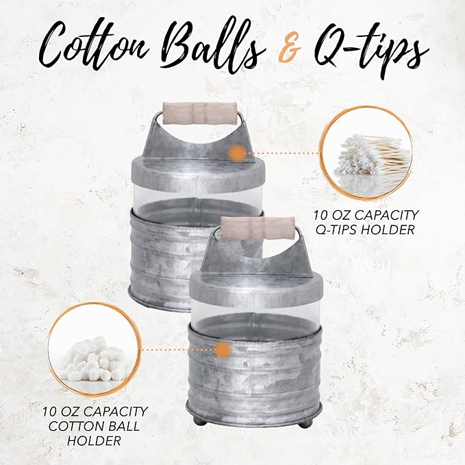 Autumn Alley Galvanized Bathroom Apothecary Jars Set, Farmhouse Bathroom Jars Qtip Holder Glass Dispenser- Rustic Vanity Organizer with Lids for Cotton Balls, Swabs, Rounds, Bath Salts 2-Glass Jars