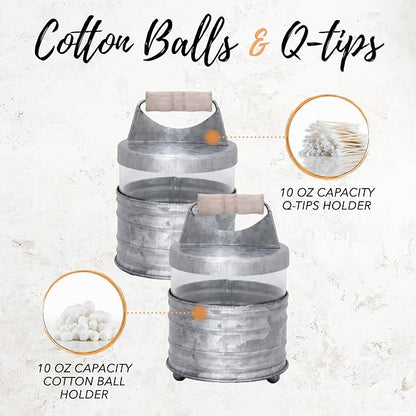 Autumn Alley Galvanized Bathroom Apothecary Jars Set, Farmhouse Bathroom Jars Qtip Holder Glass Dispenser- Rustic Vanity Organizer with Lids for Cotton Balls, Swabs, Rounds, Bath Salts 2-Glass Jars