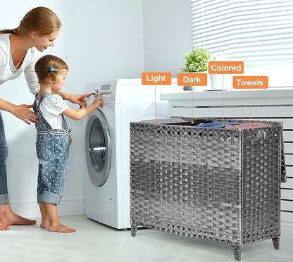 Laundry Hamper with 4 Removable Liner Bags; 176L Handwoven Rattan Laundry Basket with Lid & Heightened Feet; Clothes Hamper with Side Handles