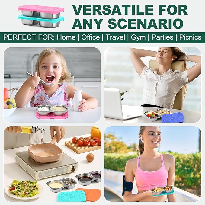 4-Pack Stainless Steel Snack Containers with Lid, Salad Dressing Container To Go, 5.3Oz 2-Compartment Small Condiment Container with Leak Proof Silicone Lid, Perfect Size Reusable Sauce Cup Snack Box