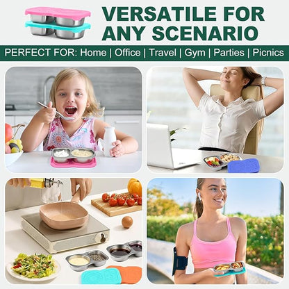 4-Pack Stainless Steel Snack Containers with Lid, Salad Dressing Container To Go, 5.3Oz 2-Compartment Small Condiment Container with Leak Proof Silicone Lid, Perfect Size Reusable Sauce Cup Snack Box