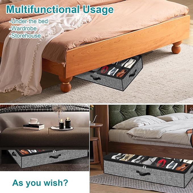 Under Bed Shoe Storage Organizer for Closet 2 Pack- Fits 28 Pairs Underbed Shoes Container Boxes with 2 Sturdy Handles and Clear Window Black