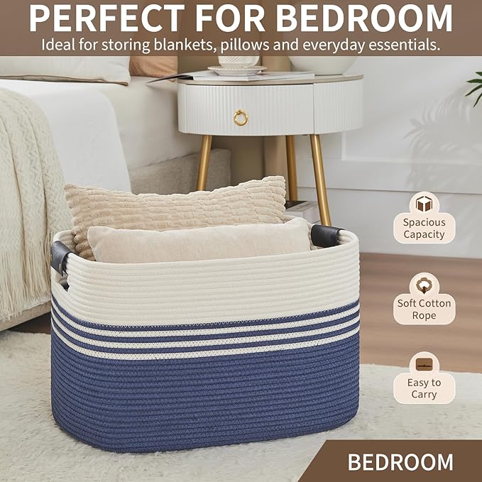 AINUOQI Laundry Basket with Handles - Blanket Basket & Hampers for Bedroom Aesthetic, Laundry Hamper & Blanket Storage for Living Room, Clothes Hamper, Tall, Large 21.7" x 16.9" x 11.8”, Blue