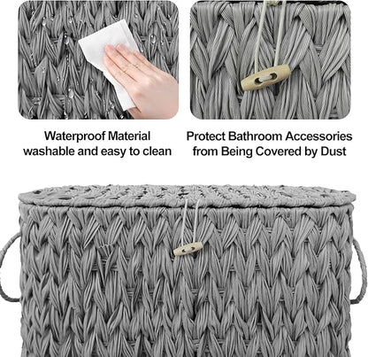 Coeusy Toilet Paper Storage Basket with Lid,Wicker Toilet Paper Holder Stand,Narrow Decorative Woven Bathroom Basket Organizer,Free Standing Grey