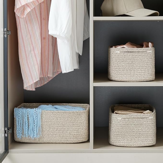 3-Pack Small Storage Baskets for Organizing | Woven Shelf Toy Basket | Rope Baskets for Gifts Empty | Closet Organizer Bins with Handles | Cube Decorative Box | 11.8×7.8×5.1” | Mixed brown
