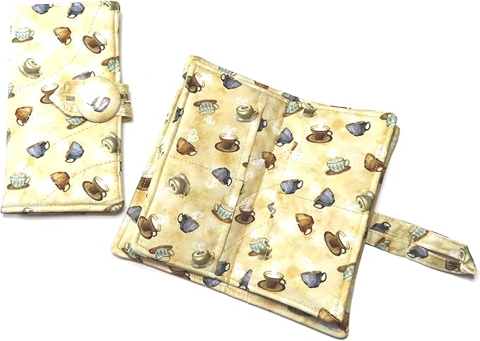 Tea Bag Wallet, XL, Featuring Tea Cups and Flowers, Twelve Pockets, Nothing Falls Out, Secure Hold Tea Bags, Includes 4 Tea Bags, Quilted Handmade, Your Choice of Fabric