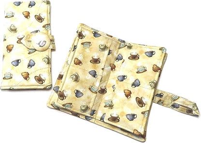 Tea Bag Wallet, XL, Featuring Tea Cups and Flowers, Twelve Pockets, Nothing Falls Out, Secure Hold Tea Bags, Includes 4 Tea Bags, Quilted Handmade, Your Choice of Fabric