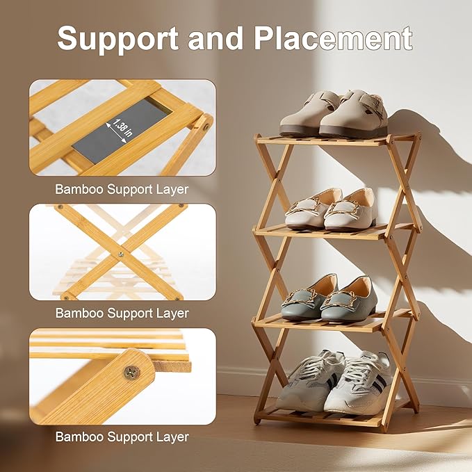 4-Tier Bamboo Small Shoe Rack Compact Foldable Free Standing Shoes Organizer for Front Door Entrance Garage Corridor Entryway and Living Room, Narrow Space-Saving Shoe Shelf, Natural