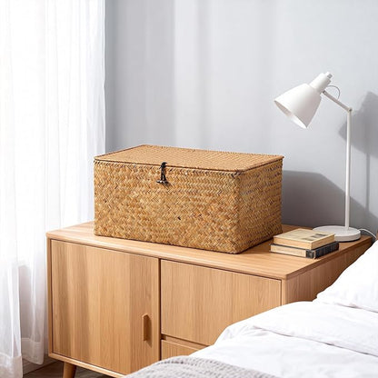 Nonam Seagrass Storage Large Basket with Lid,Wicker Basket Storage Bin with Lid for Shelves,Boho Decor,Handwoven Shelf Basket for Organizing-Storage Container Box for Home Organization-Natural