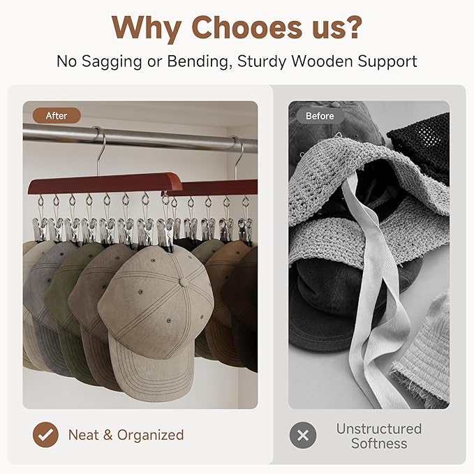 StorageWorks Hat Rack, Closet Organizer and Storage for Baseball Caps,Set of 2 with 10 Adjustable Stainless Steel Clips, Fits All Caps, Dark Cherry Color
