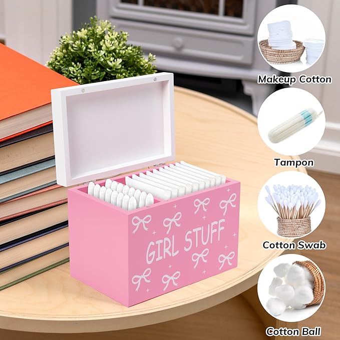 R HORSE Tampon Holder for Bathroom - Pink Feminine Product Organizer, Bow Organize Case with Lid Shark Week Tampon Storage Lady Stuff Box for Bathroom Accessories
