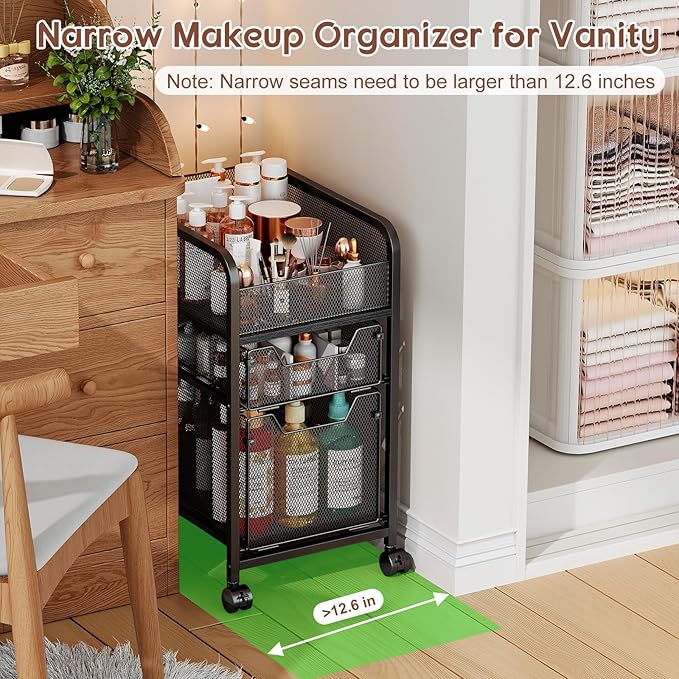 Hongtamoya Rolling Makeup Cart Organizer with 2 Drawers, Narrow Floor Skincare Organizers, Vanity Organizer Cosmetics Display Cases Holder for Skin Care Nail Polish Perfume Makeup Brush, Black