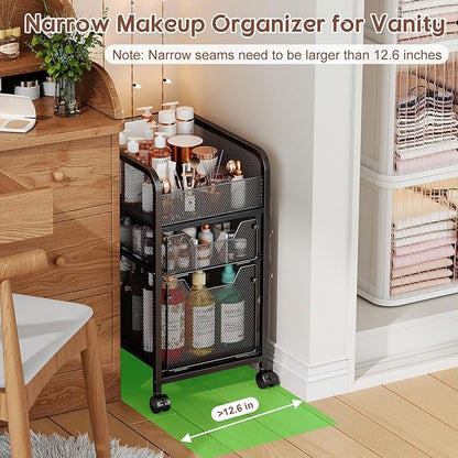 Hongtamoya Rolling Makeup Cart Organizer with 2 Drawers, Narrow Floor Skincare Organizers, Vanity Organizer Cosmetics Display Cases Holder for Skin Care Nail Polish Perfume Makeup Brush, Black