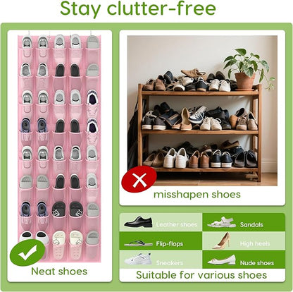 Over the Door Shoe Organizer with 40 Large Breathable Mesh Pockets, Space Saving Shoe Holder, Hanging Shoe Rack for Entryway Bedroom Closet Storage (Pink, 40 Pockets)