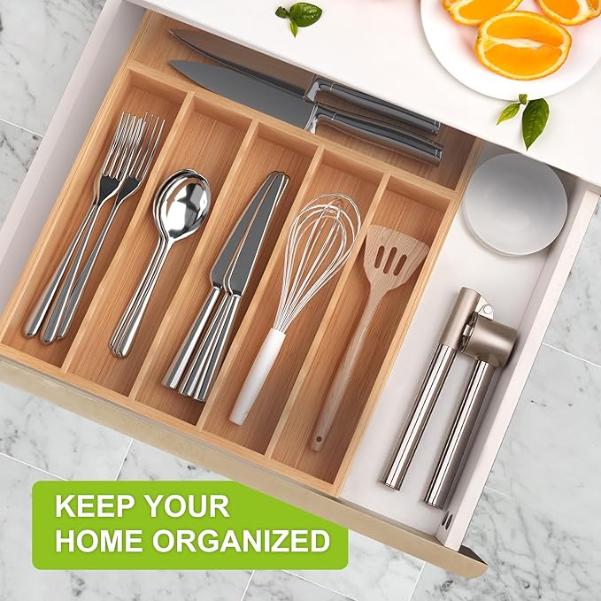 Unibambou Bamboo Utensil Drawer Organizer, Silverware Tray Organizer, Kitchen Drawer Organizer for Flatware Cutlery, Silverware Tray for Drawer (Natural, Large 16.5x12 Inch)