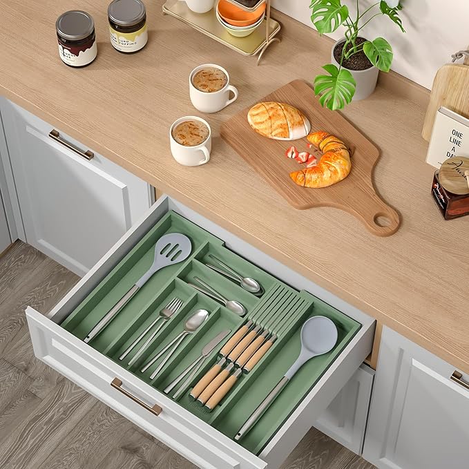 TIOPGHAD Bamboo-Silverware-Drawer-Organizer-Kitchen, Expandable Utensil Holder Cutlery Tray Flatware Organization Adjustable Wood Tableware Dividers Storage (with Removable Knife Block)(Grayish Green)
