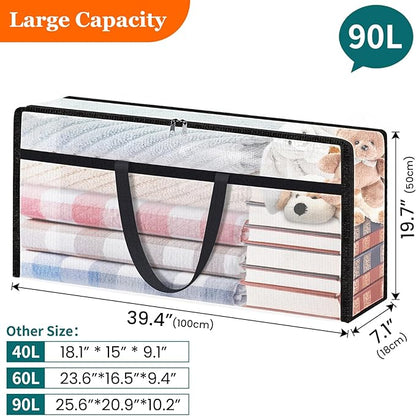 TasticTotes 6 Pack Long Clear Storage Bags for Comforter, Clothes & Bedding, Plastic Blanket Storage with Zipper and Handle, Moving Bags, Closet Organizer and Under-Bed Storage (90L, 39.4"*7.1"*19.7")