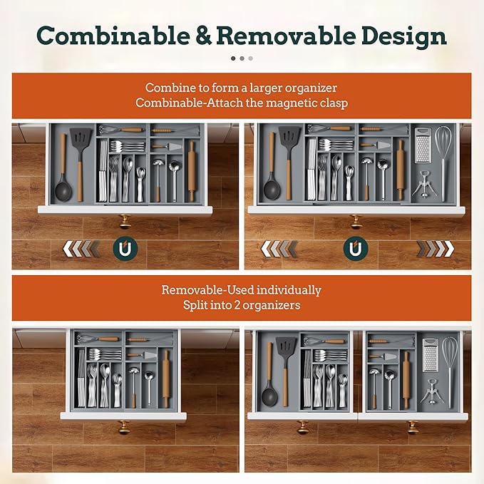Silverware Organizer Large, Magnetic Connected Expandable 13 Slots Silverware Drawer Organizer from 21 to 37.4 Inches, Adjustable Flatware and Cutlery Holder, Bamboo Utensil Tray for Kitchen Gray