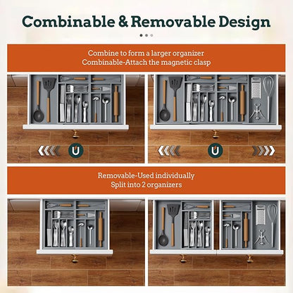 Silverware Organizer Large, Magnetic Connected Expandable 13 Slots Silverware Drawer Organizer from 21 to 37.4 Inches, Adjustable Flatware and Cutlery Holder, Bamboo Utensil Tray for Kitchen Gray