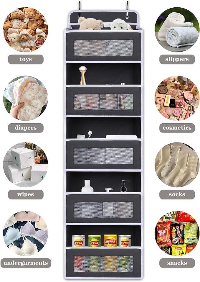 Over The Door Organizer 44LB Capacity with 5 Large Pockets & 10 Mesh Side Pockets, Clear Window Anti-Tilt Hanging Storage for Nursery, Bathroom, Pantry - Dark Grey, 1 Pack